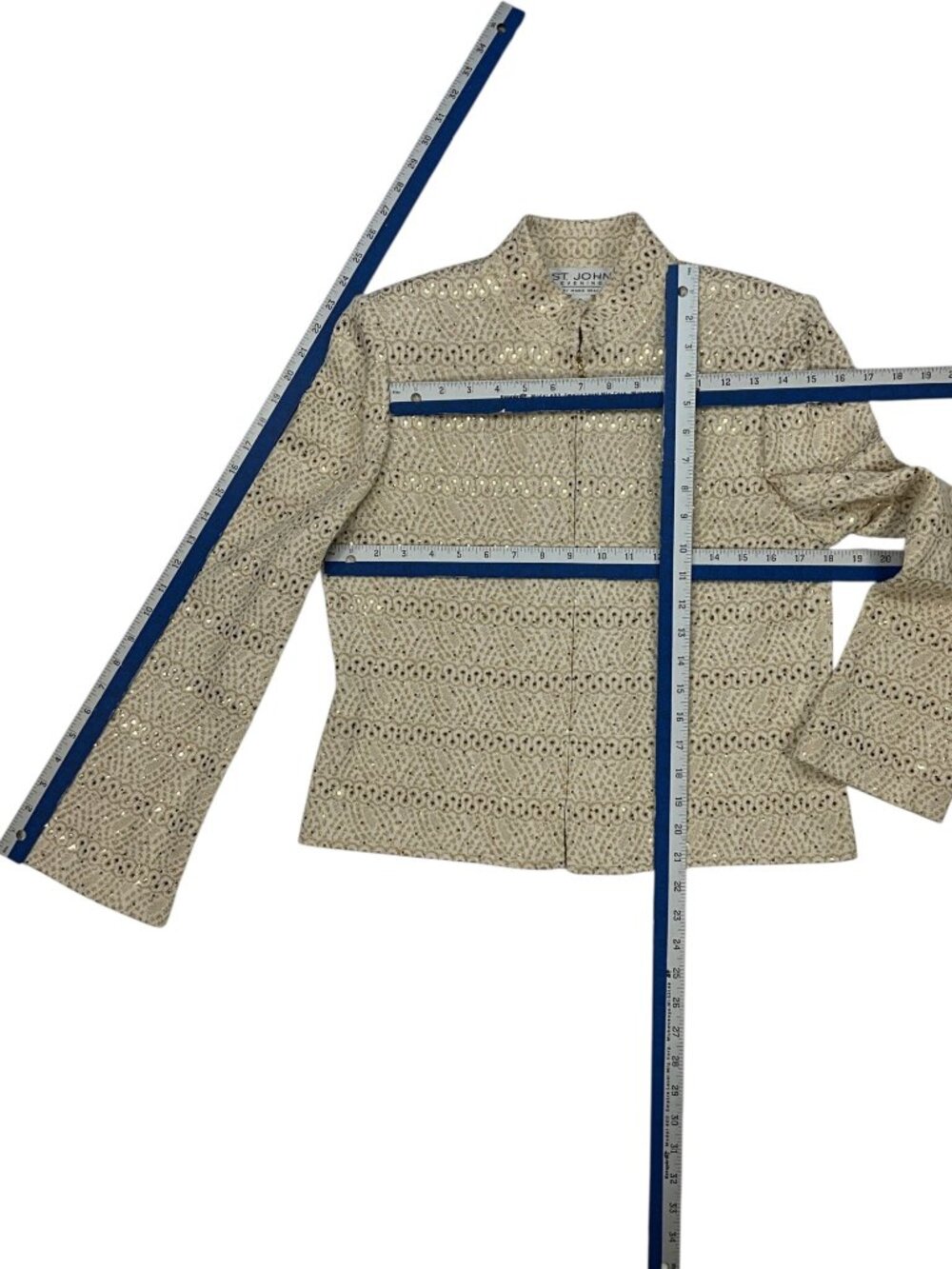 St. John Evening Vintage Embellished Knit Jacket 8 Cream Gold Zipper Front - Picture 9 of 16